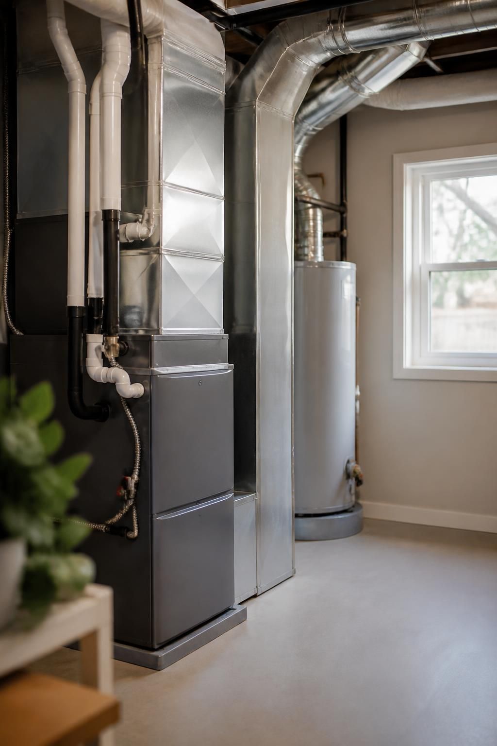 Clean mechanical room with a modern installed HVAC system.