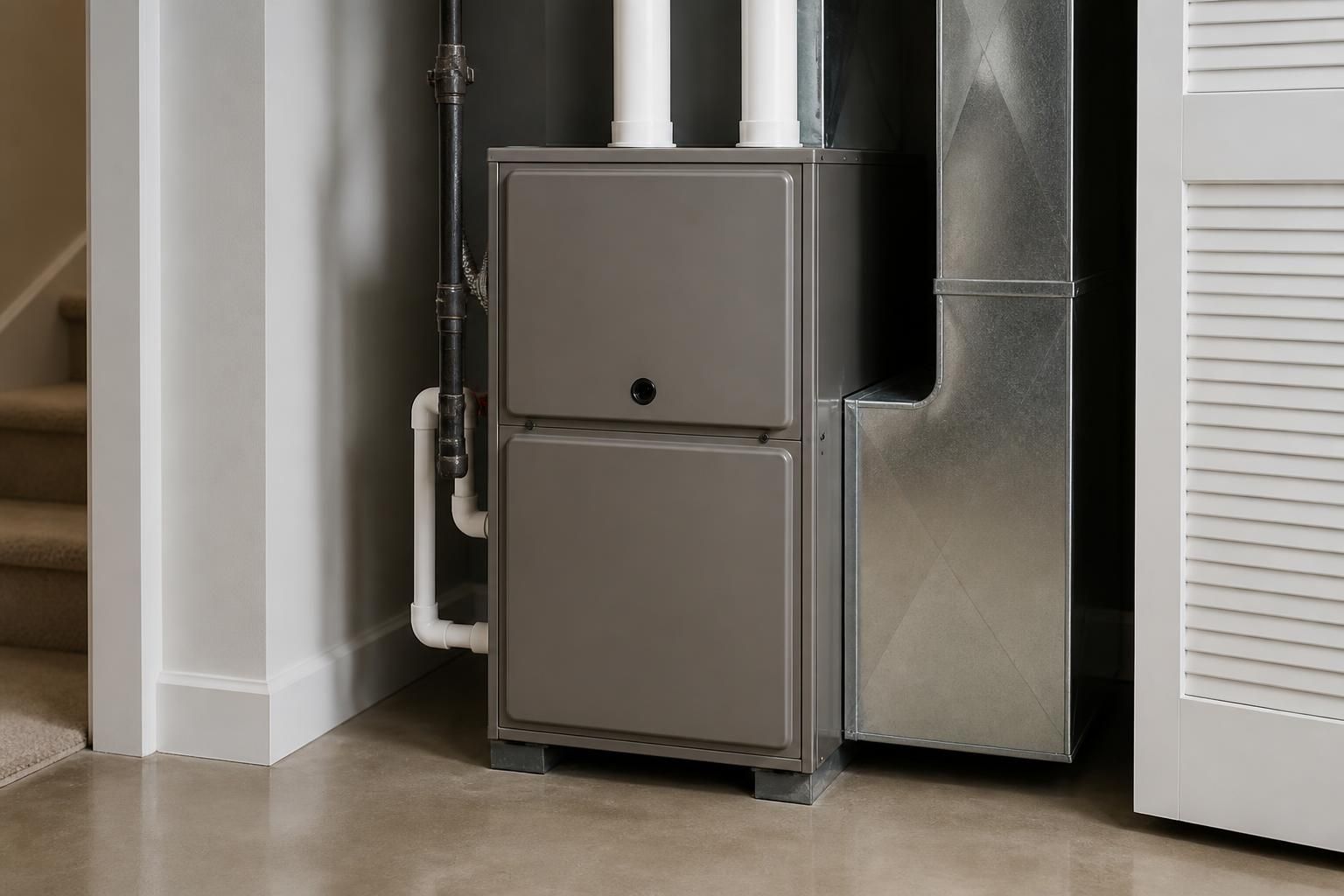 Clean furnace in a finished utility space after repair.