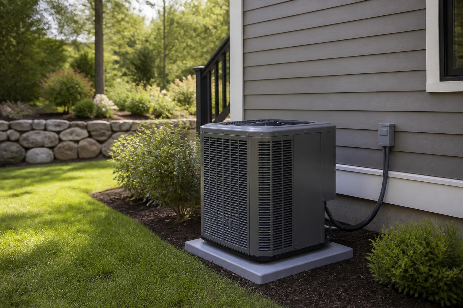 Neatly installed heat pump beside a well-kept home exterior.