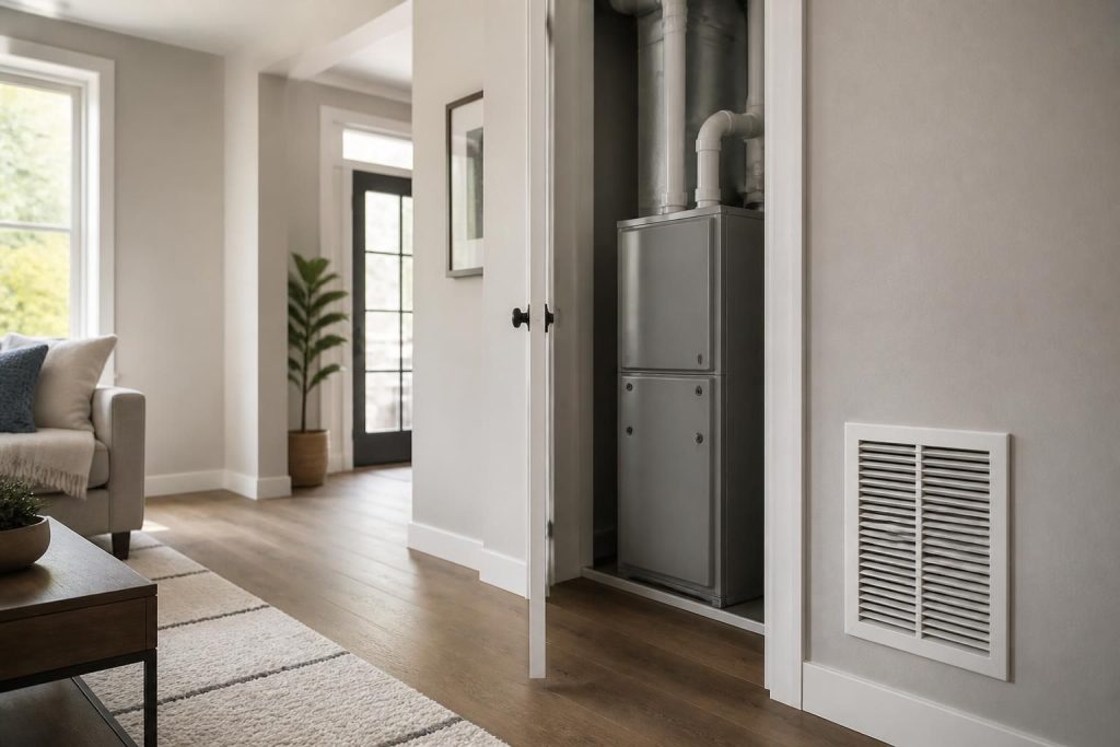 Modern home interior with a clean furnace and air vent details.